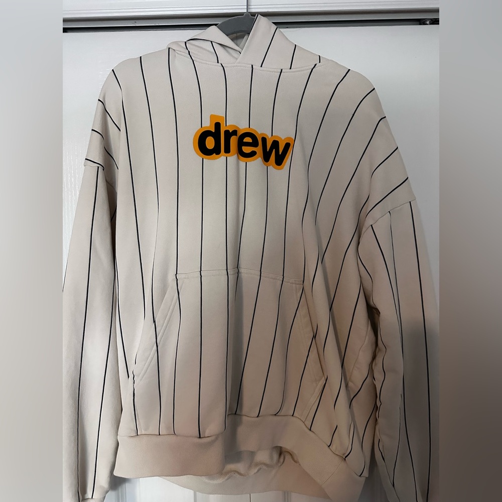 drew house Cream Pinstripe Hoodie with Gold Logo
